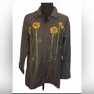 Vintage Quacker Factory Sunflower Embroidered Button Down Shirt Sz M Cottagecore
